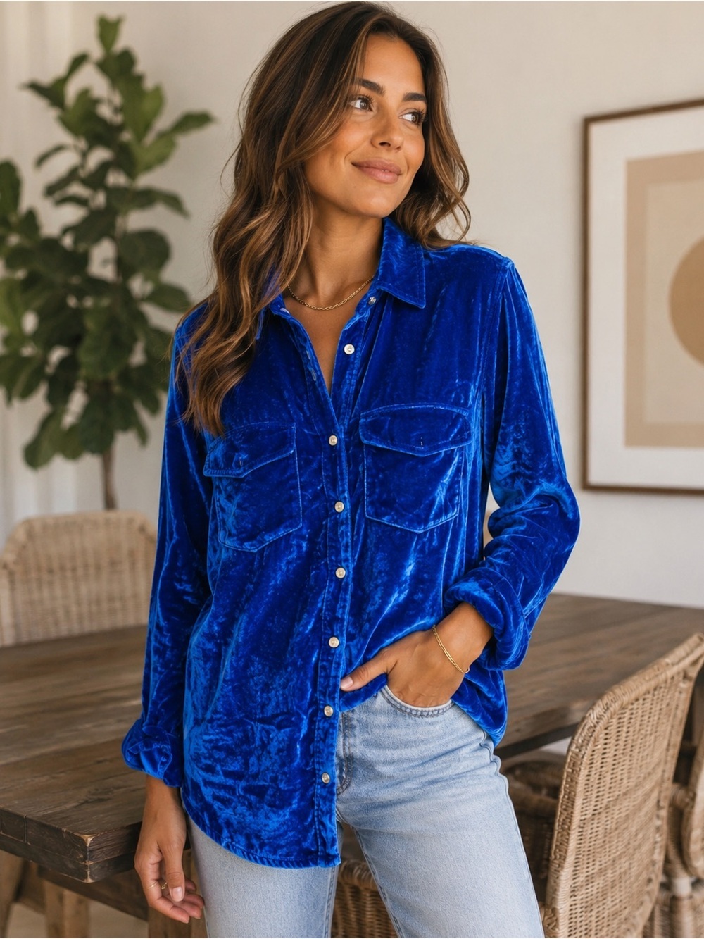 JOHNNY WAS Pete & Greta Blue Velvet Button-Up Shirt (128)